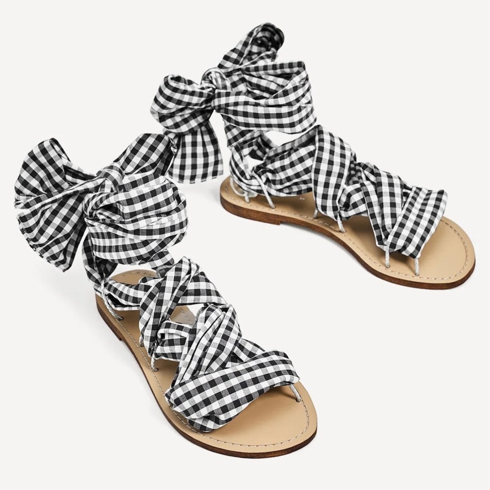 Zara | Gingham Black & White Tie Strap Sandals